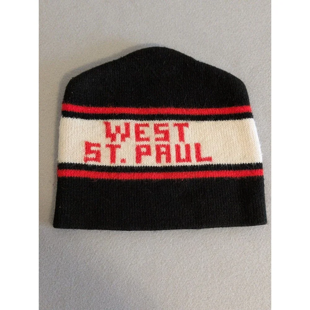 Vintage West St Paul Minnesota Knit Beanie Hat Black Red White MN Hockey Style